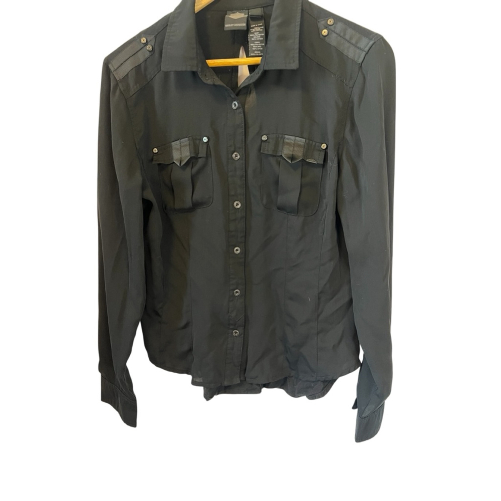 HARLEY DAVIDSON Top Women’s Medium Black Button Up Semi Sheer Shirt M - Picture 3 of 9